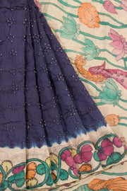 Navy Pen Kalamkari Bandhani Tussar Silk Saree with Hand Painted Pen Kalamkari Border, Pallu and Blouse 