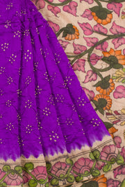 Violet Pen Kalamkari Bandhani Tussar Silk Saree with Hand Painted Pen Kalamkari Border, Pallu and Blouse