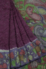 Purple Pen Kalamkari Bandhani Tussar Silk Saree with Hand Painted Pen Kalamkari Border, Pallu and Blouse