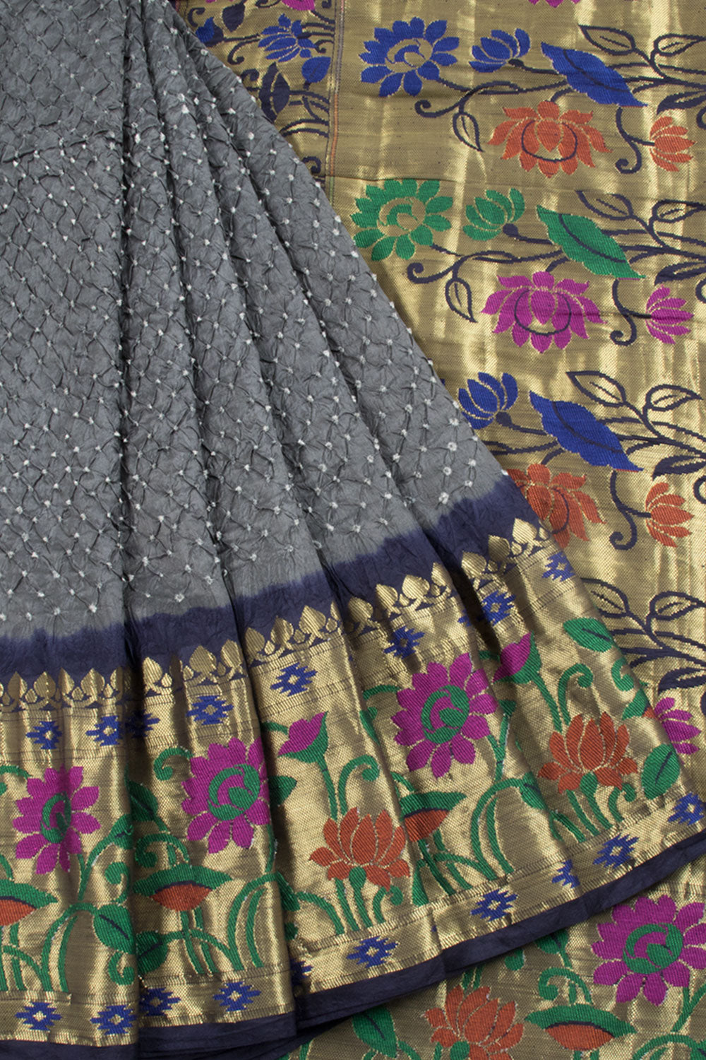Grey Handloom Bandhani Pure Silk Saree with Kanjivaram Paithani Style Border and Pallu