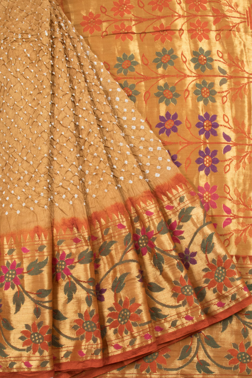 Desert Brown Handloom Bandhani Pure Silk Saree with Kanjivaram Paithani Style Border and Pallu