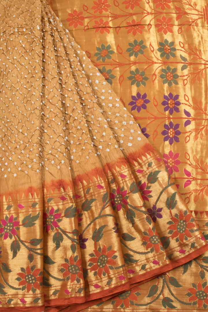 Desert Brown Handloom Bandhani Pure Silk Saree with Kanjivaram Paithani Style Border and Pallu