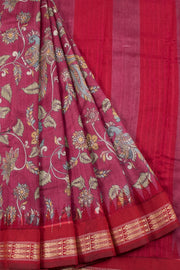 Magenta Printed Kalamkari Tussar Silk Saree with Floral Peacock Design, Fish Motif and Temple Design Border