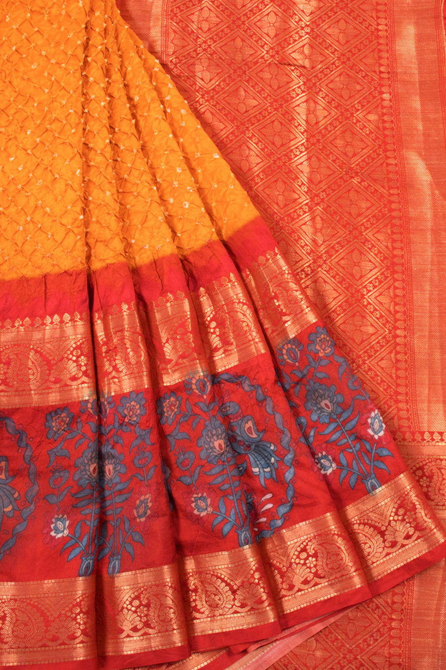 Yellow Handloom Bandhani Pure Silk Saree with Kanjivaram Printed Kalamkari Border and Pallu