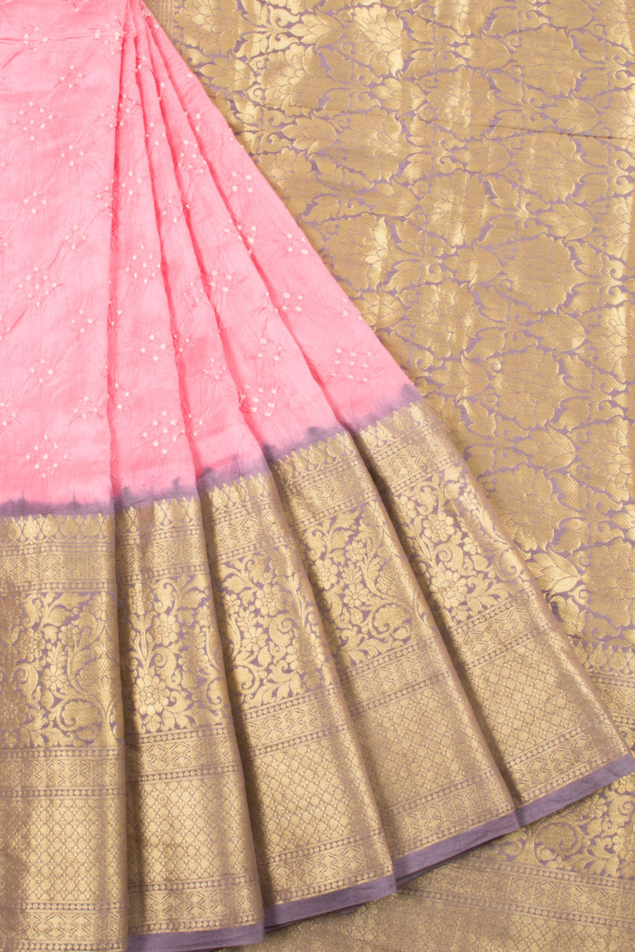 Cherry Blossom Pink Handloom Bandhani Pure Silk Saree with Kanjivaram Border and Floral Pallu