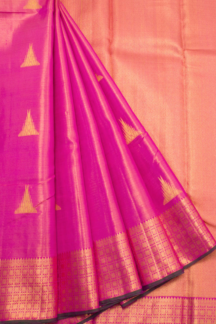Handloom Kanjivaram Tissue Silk Saree With Temple Motifs. Rudhraksham Border and Contrast Blouse