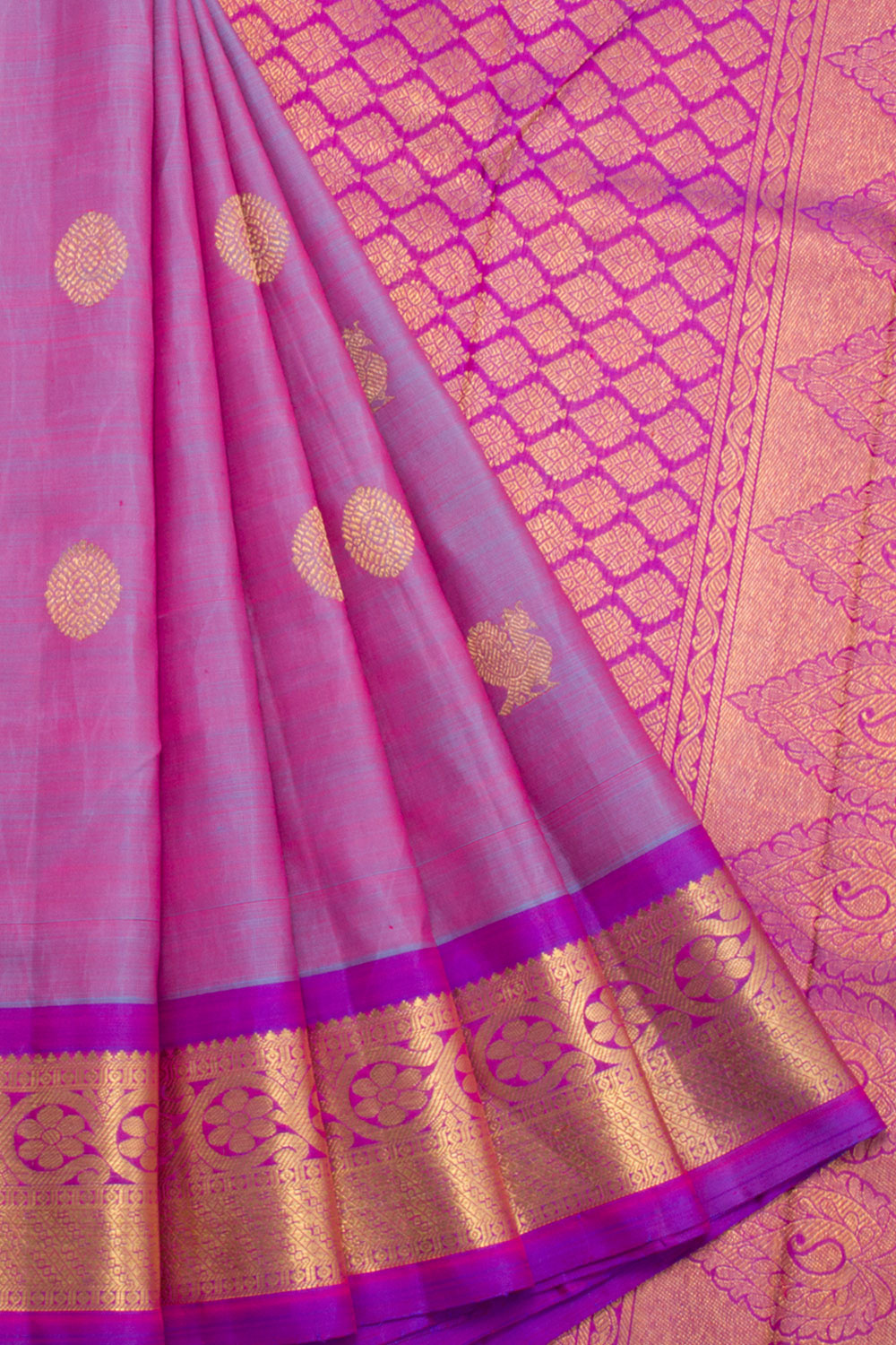Handloom Kanjivaram Silk Saree With Mayil Chakram Motifs, Kodi Malar Border and Floral Pallu
