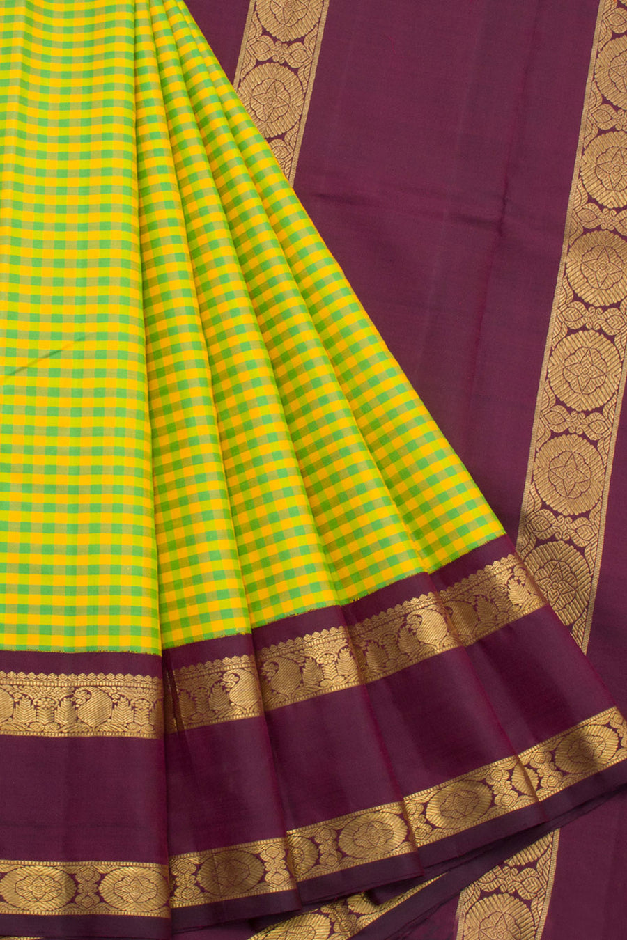 Handloom Korvai Kanjivaram Silk Saree with Checks Design and Thandavalam Border