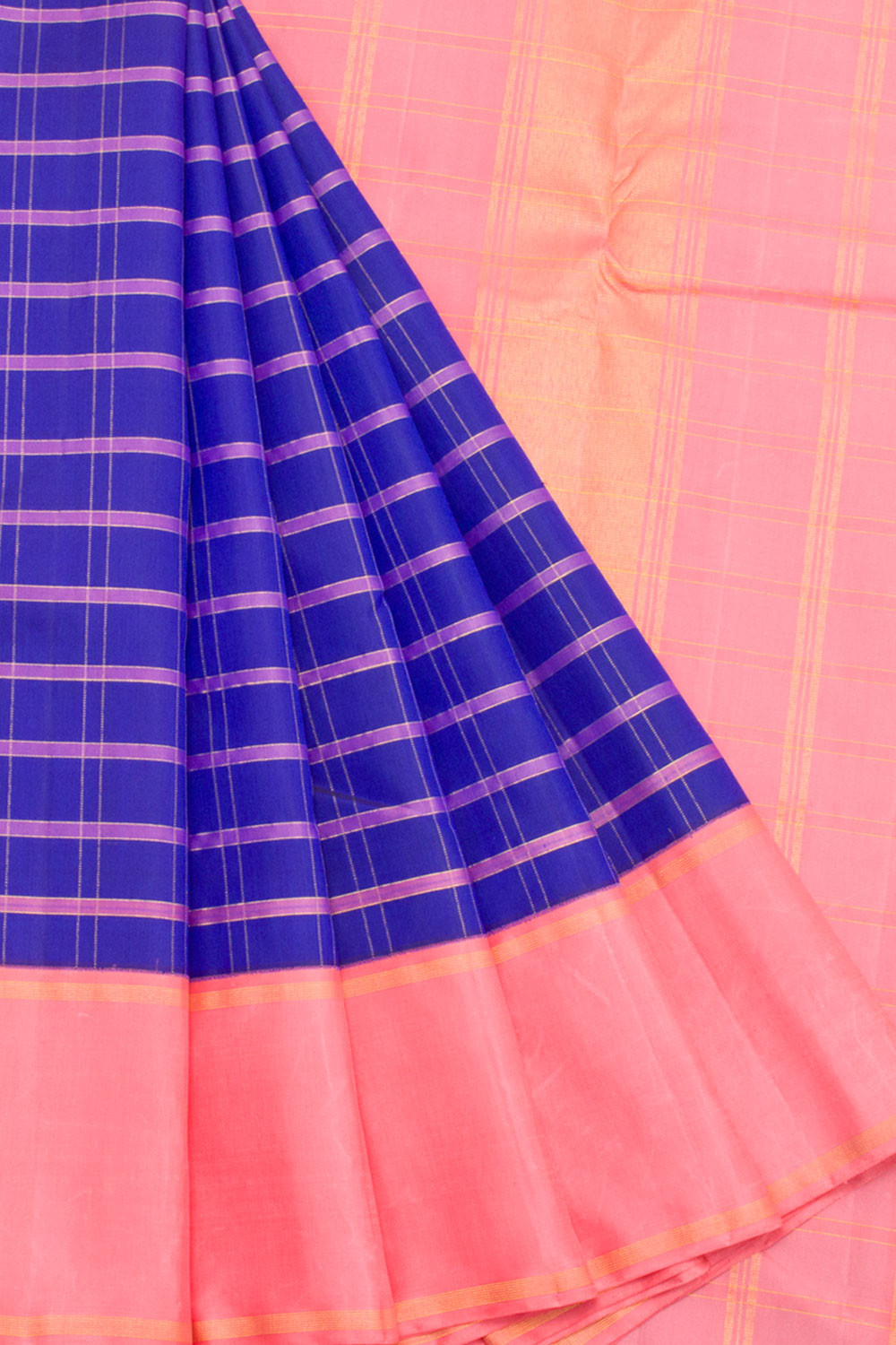 Handloom Korvai Kanjivaram Silk Saree With Checks Design and Stripes Design Pallu