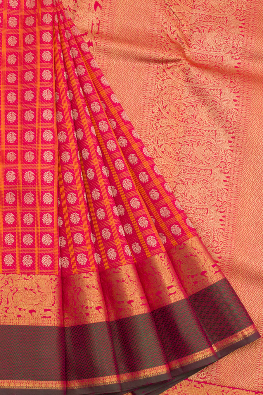 Reddish Pink Handloom Kanjivaram Jacquard Silk Saree with Kattam Butta Annam Motif and Annam Border 