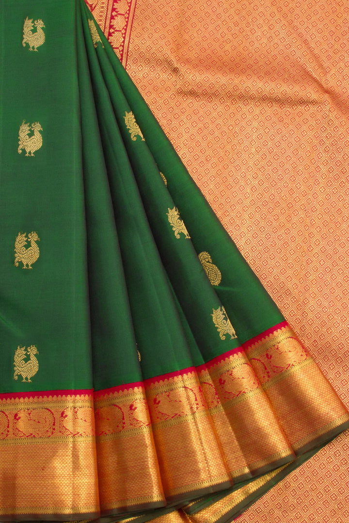 Handloom Korvai Kanjivaram Silk Saree With Peacock and Paisley Motif