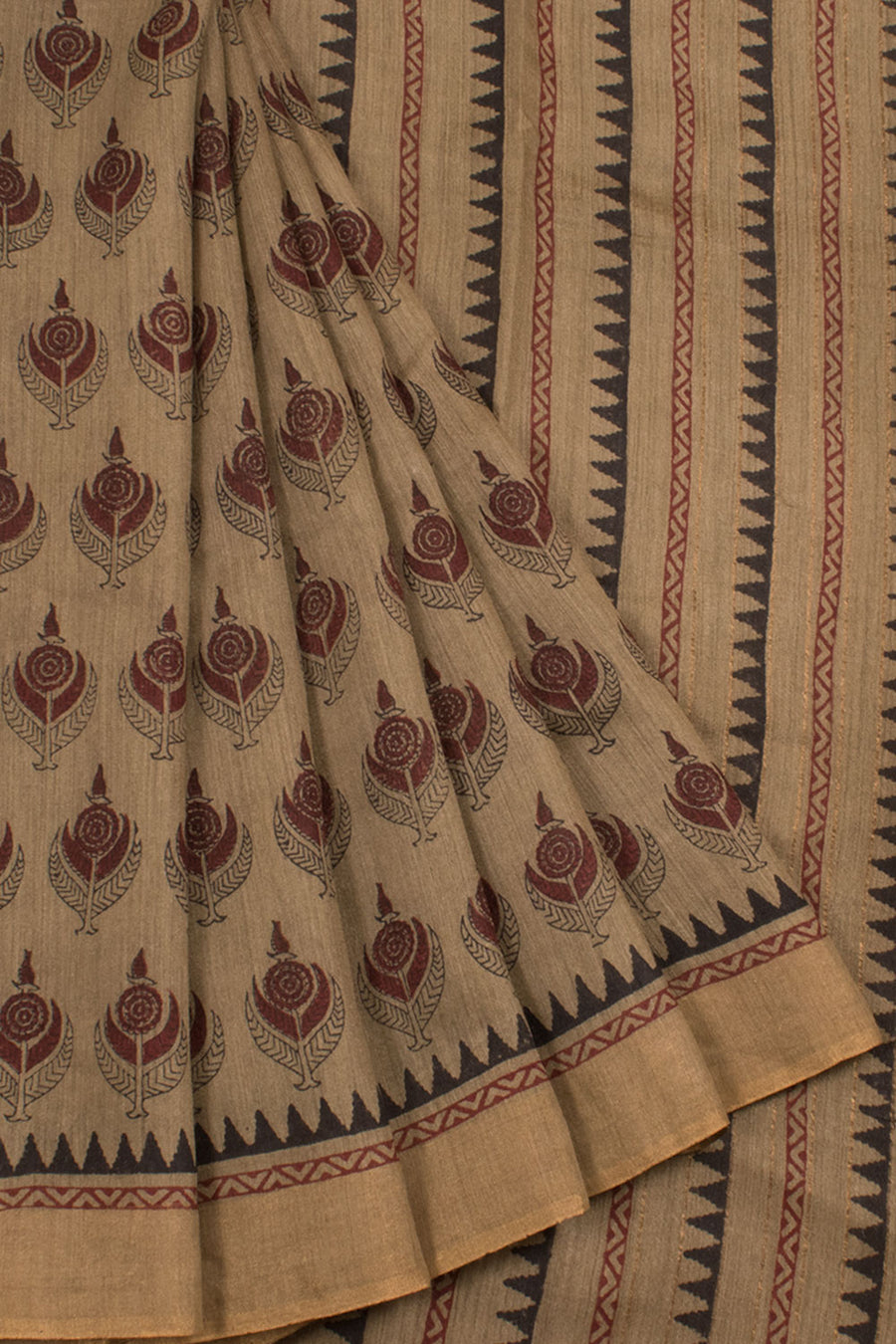 Hand Block Printed Tussar Silk Saree with Floral Motifs and Zari Border 