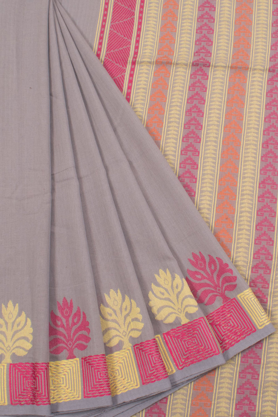 Handloom Bengal Cotton Saree with Floral Border and Geometric Pallu