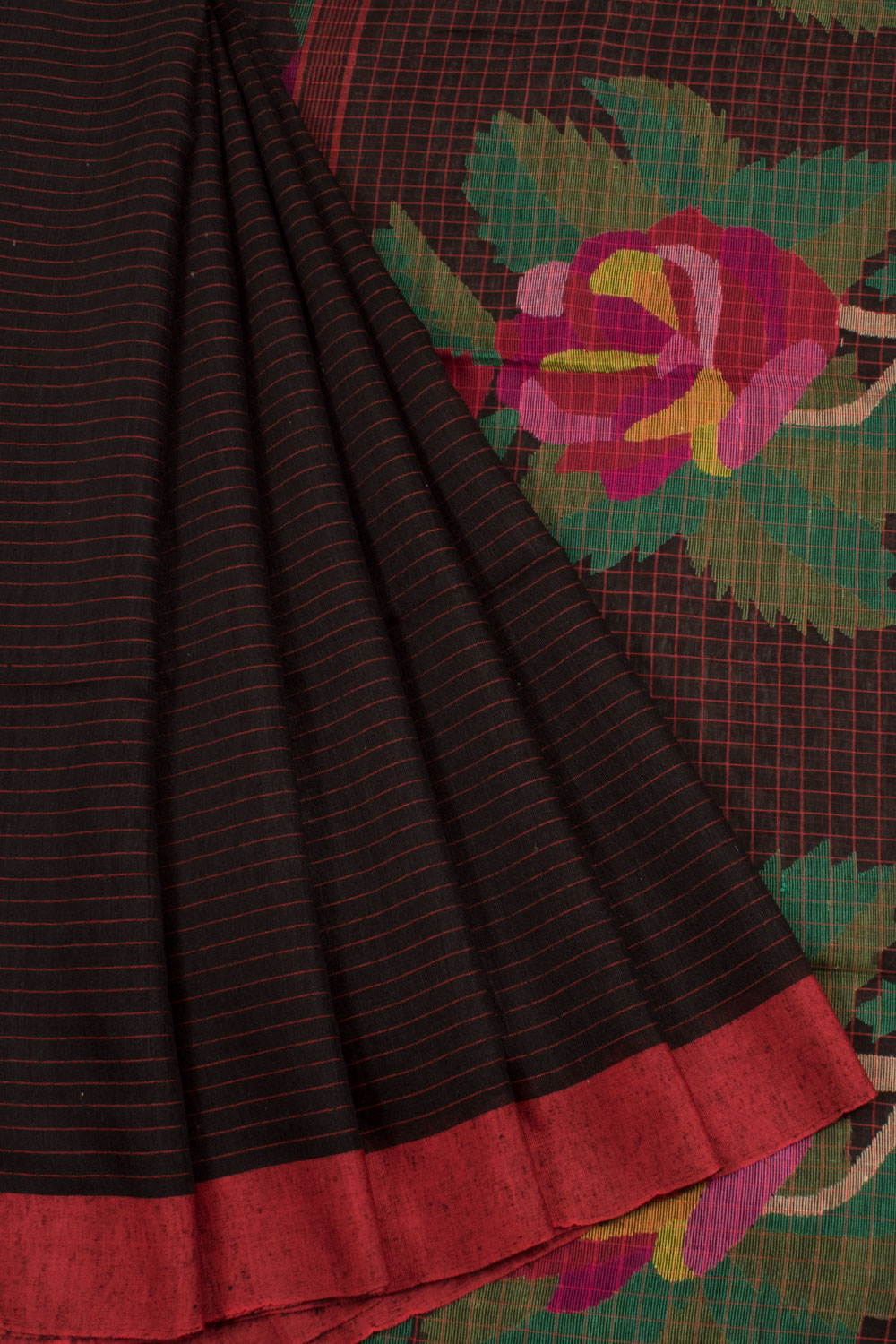 Handloom Matka Silk Saree with Stripes Design and Floral Jamdani Pallu