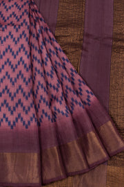 Hand Block Printed Tussar Silk Saree with Zigzag Design and Zari Border