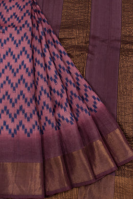 Hand Block Printed Tussar Silk Saree with Zigzag Design and Zari Border