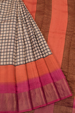 Hand Block Printed Tussar Silk Saree with Checks Design and Zari Border