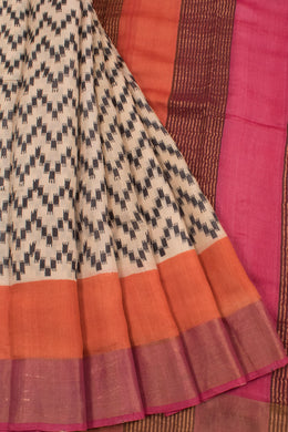 Beige and Black Hand Block Printed Tussar Silk Saree