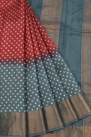 Hand Block Printed Tussar Silk Saree with All Over Dots Design and Zari Border