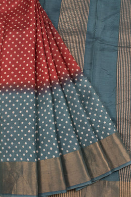 Hand Block Printed Tussar Silk Saree with All Over Dots Design and Zari Border