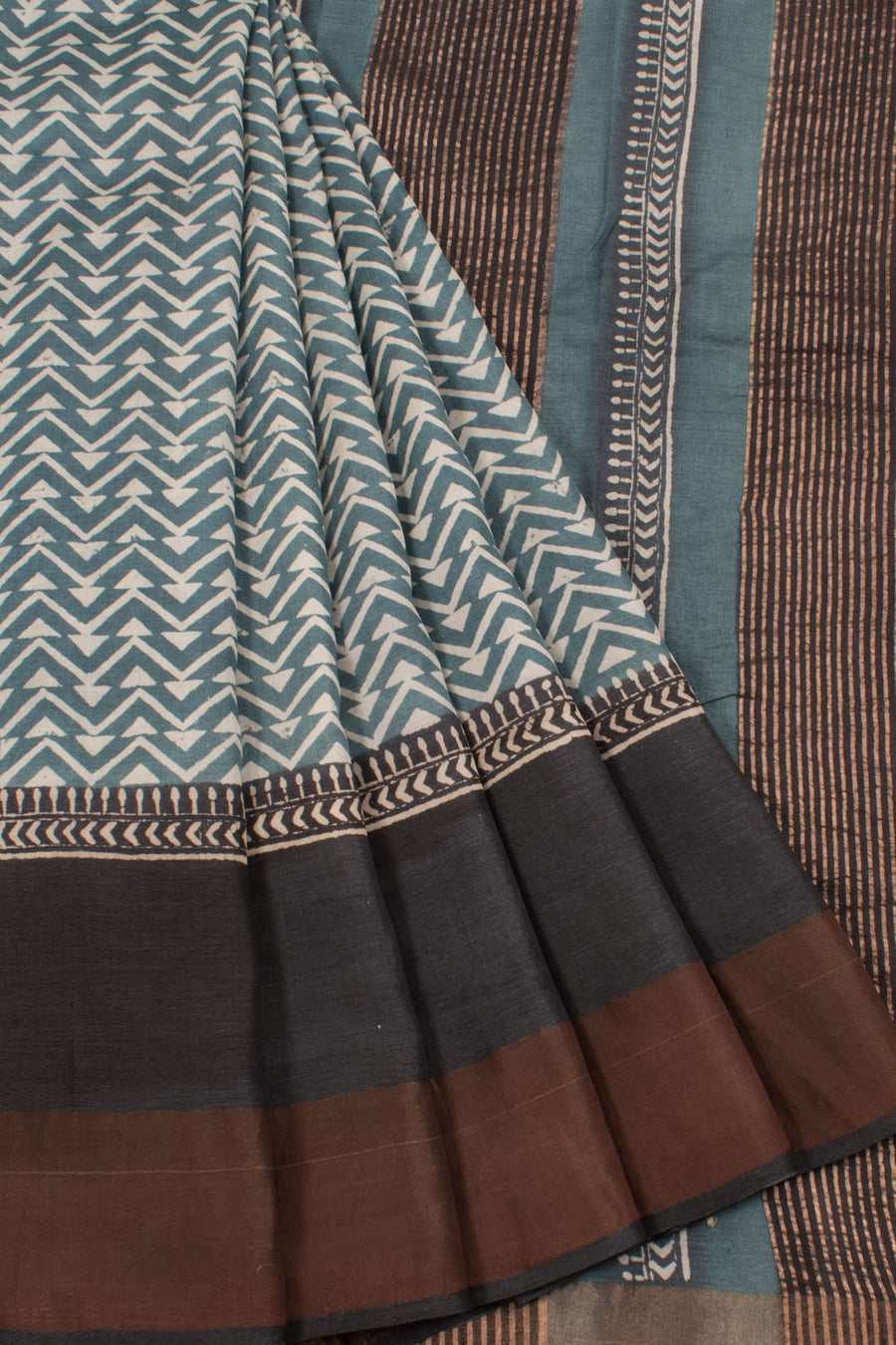 Hand Block Printed Tussar Silk Saree with Zig Zag Design and Zari Stripes Pallu
