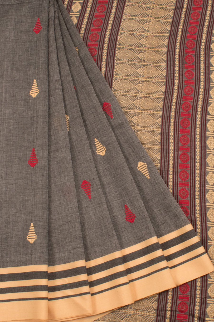 Handloom Bengal Cotton Saree with All Over Fish Motifs and Stripes Border