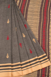 Handloom Bengal Cotton Saree with All Over Fish Motifs and Stripes Border