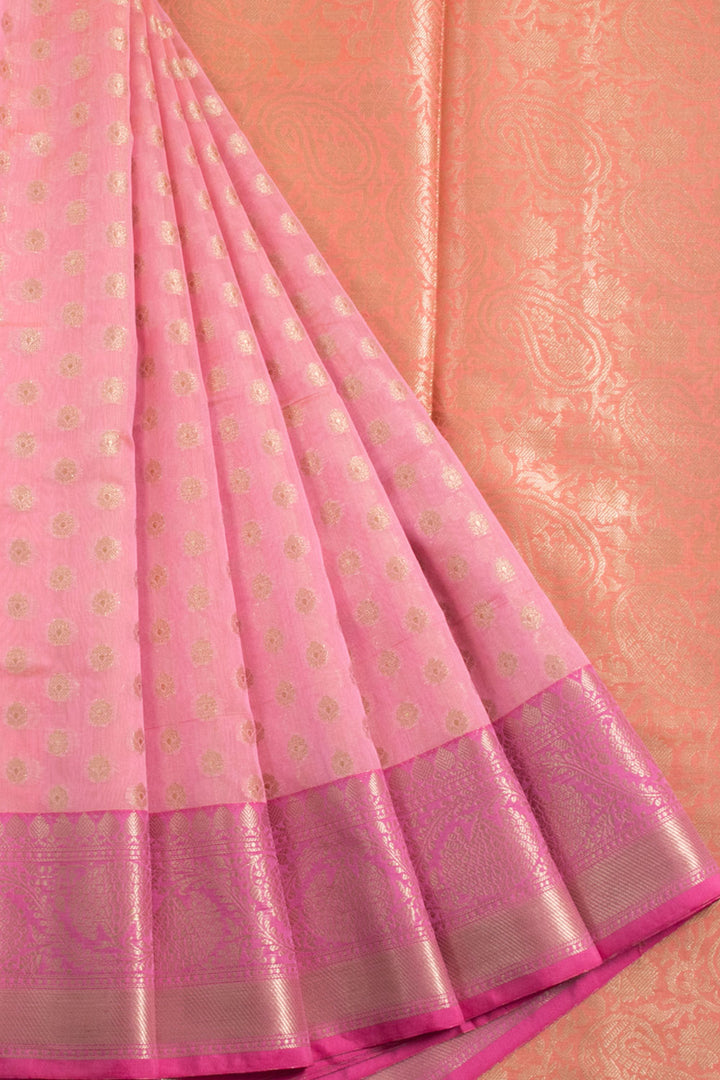 Pink Handloom Banarasi Cotton Saree with Floral Motifs and Pallu
