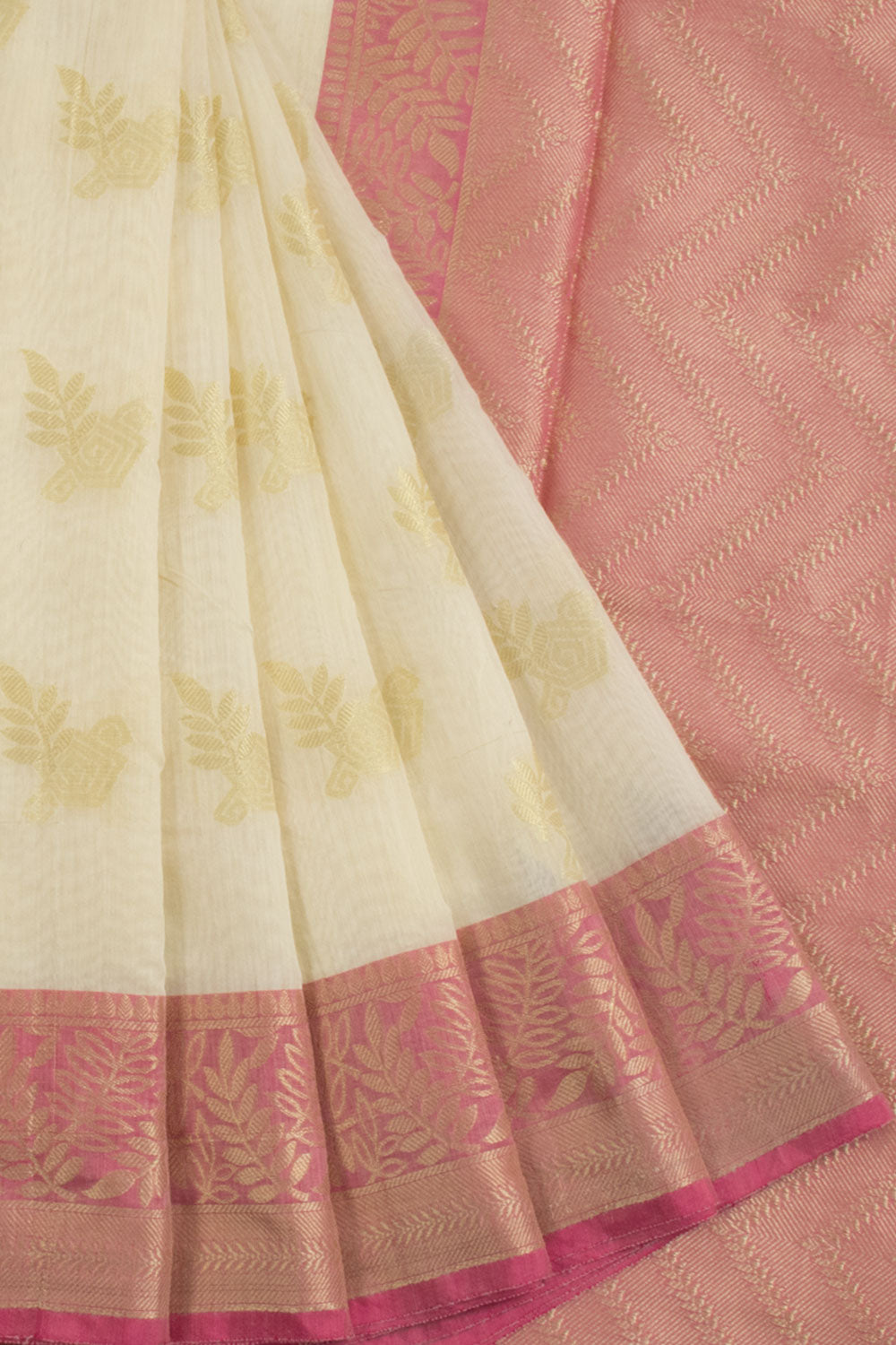 Handloom Banarasi Cotton Saree with Floral Motifs, Floral Border and Pallu