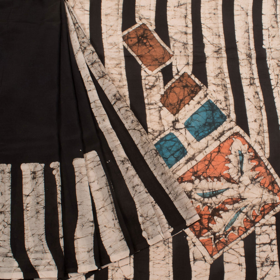Batik Printed Half and Half Soft Silk Saree with Stripes Design