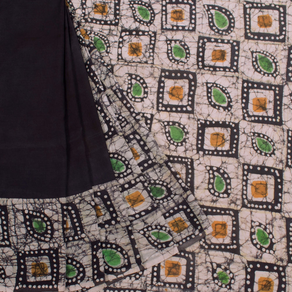 Batik Printed Half and Half Soft Silk Saree with Paisley, SquareMotifs