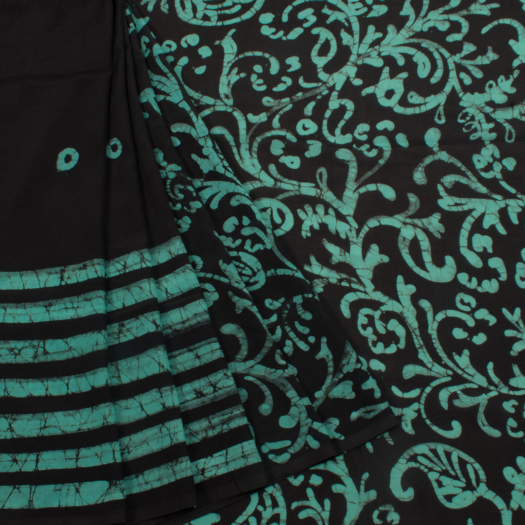 Batik Printed Half and Half Silk Cotton Saree with Floral Motifs and Stripes Border