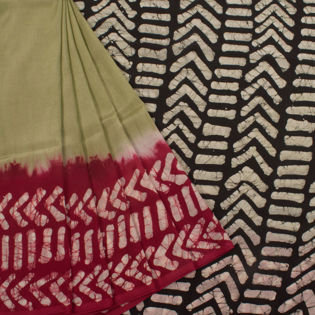 Batik Printed Silk Cotton Saree with Floral Motifs and Geometric shapes Border