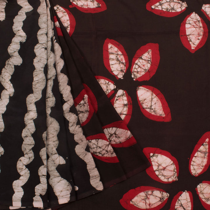 Batik Printed Half and Half Silk Cotton Saree with Stripes Design and Floral Motifs