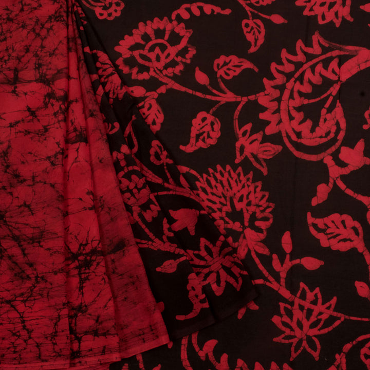 Batik Printed Half and Half Silk Cotton Saree with Floral Motifs