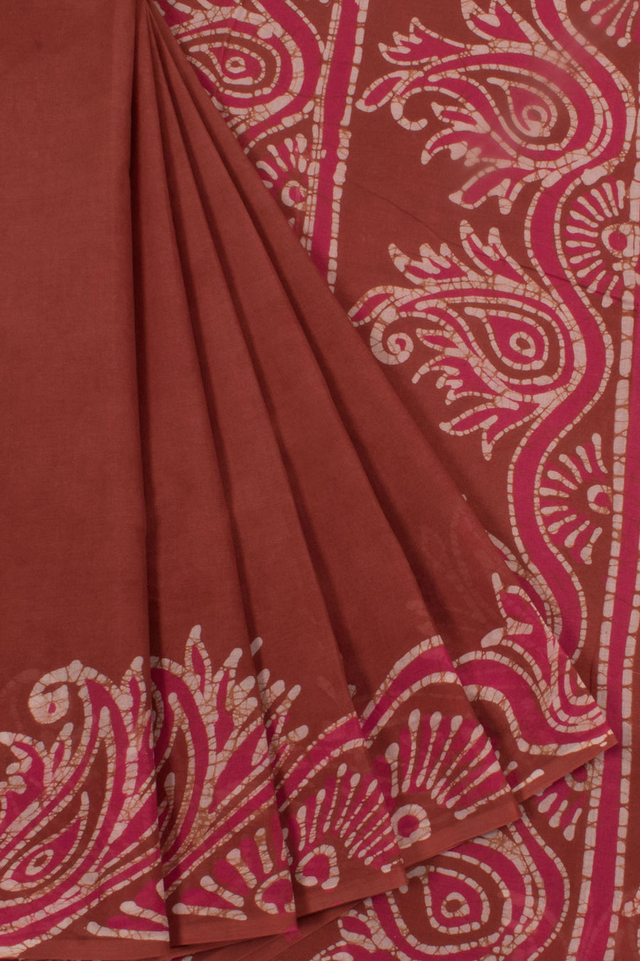 Batik Printed Cotton Saree with Paisley Border and Pallu