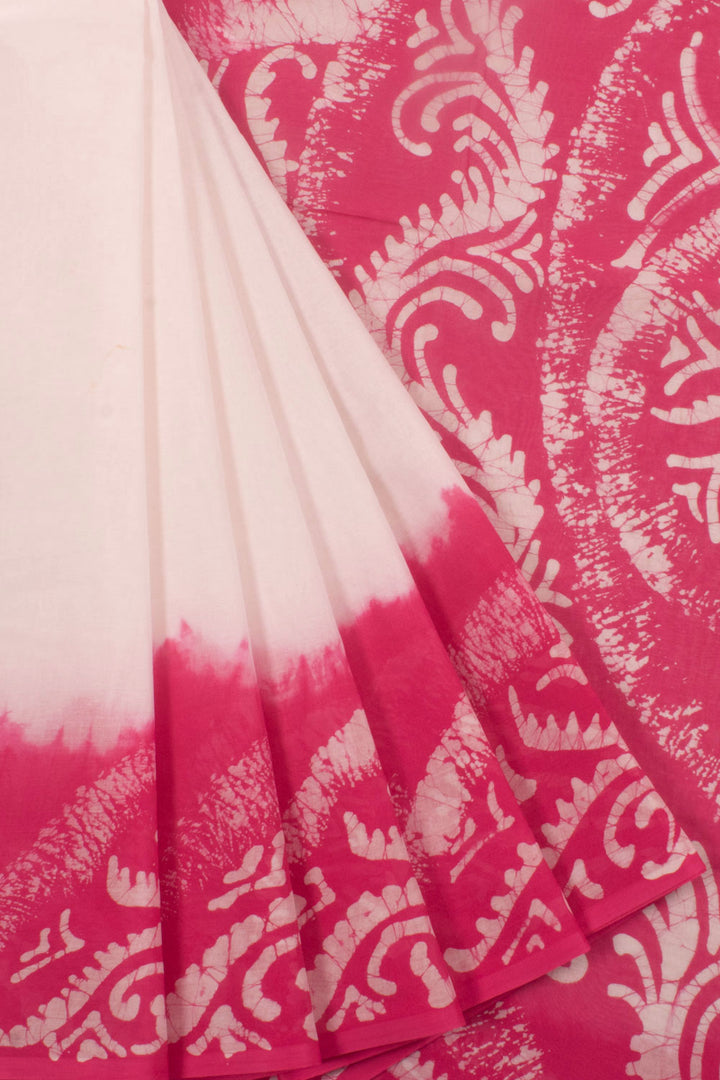 Batik Printed Cotton Saree with Floral Design Border and Pallu