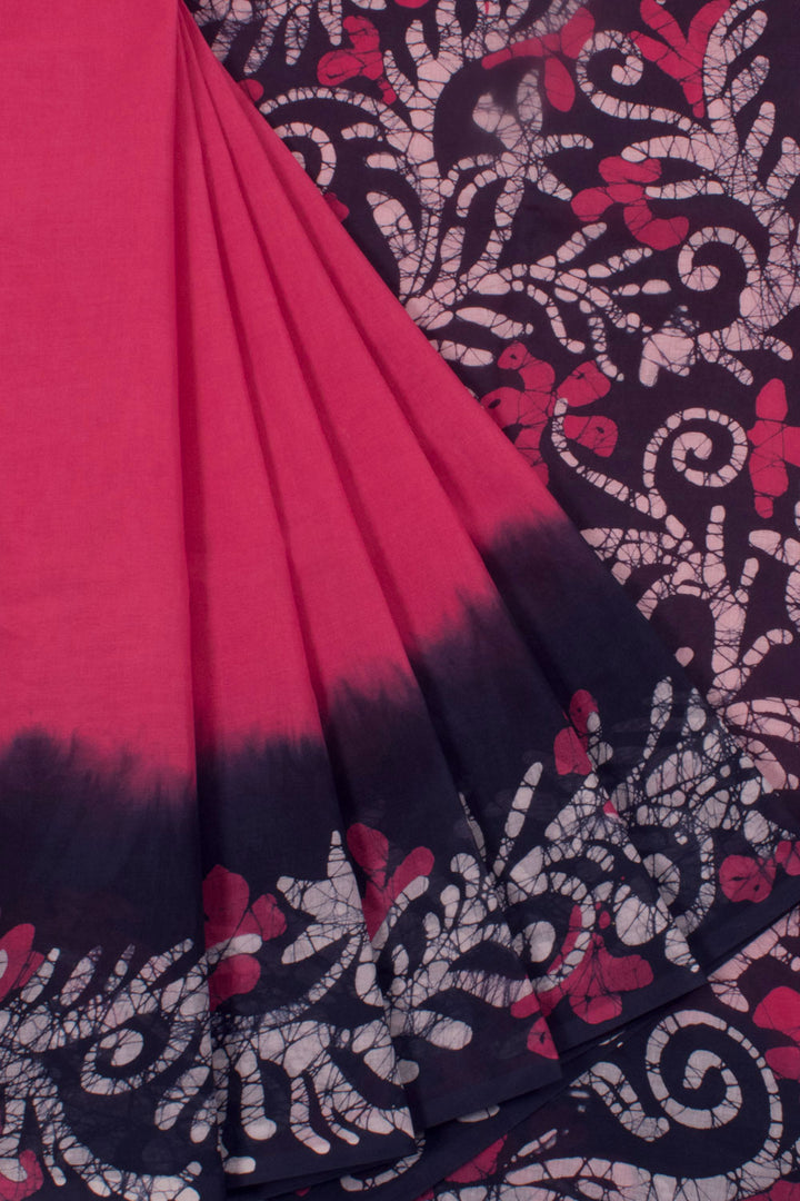 Batik Printed Cotton Saree with Floral Border and Pallu