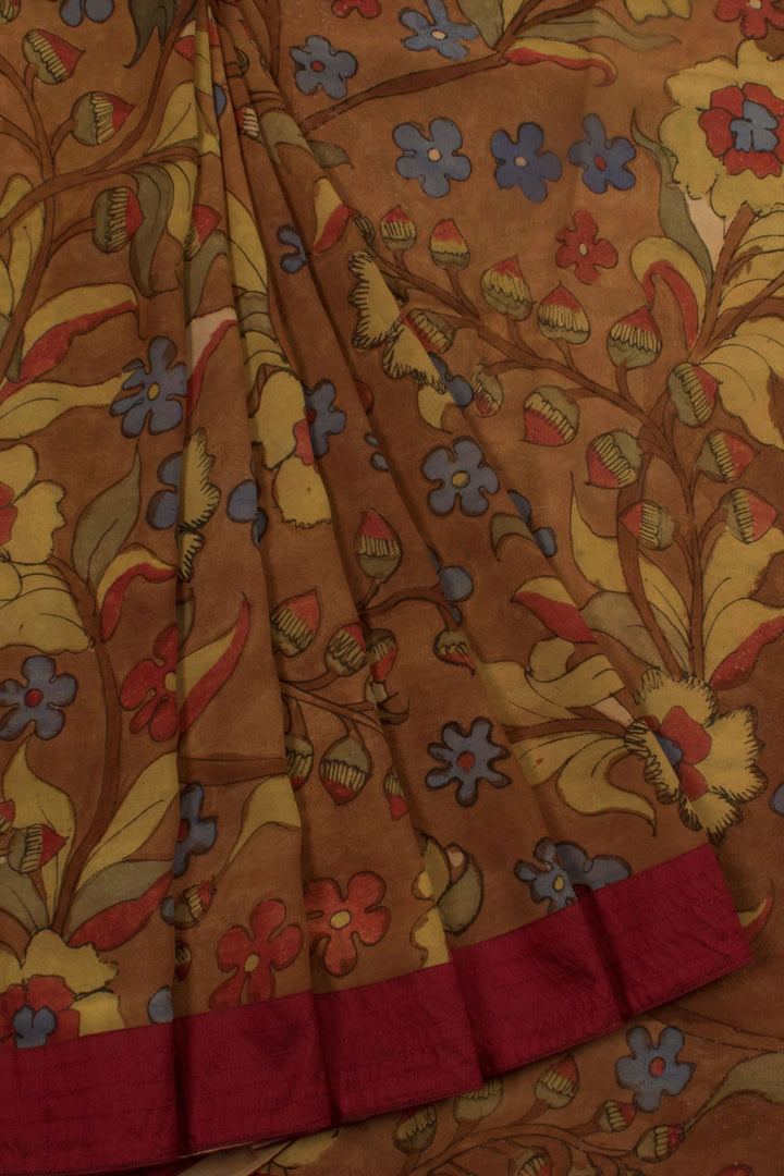 Hand Painted Kalamkari Georgette Saree with Floral Design and Silk Border
