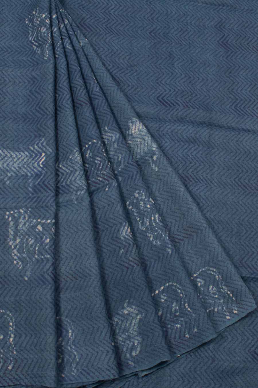 Hand Block Printed Tussur Silk Saree with Nandhi Motifs and Lehar Design 