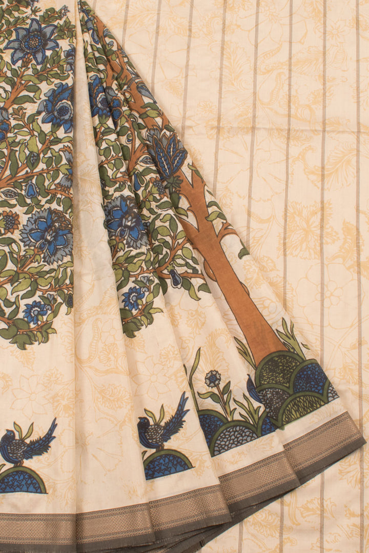 Printed Maheshwari Mulberry Silk Saree with Floral Motifs and Bird Motifs 