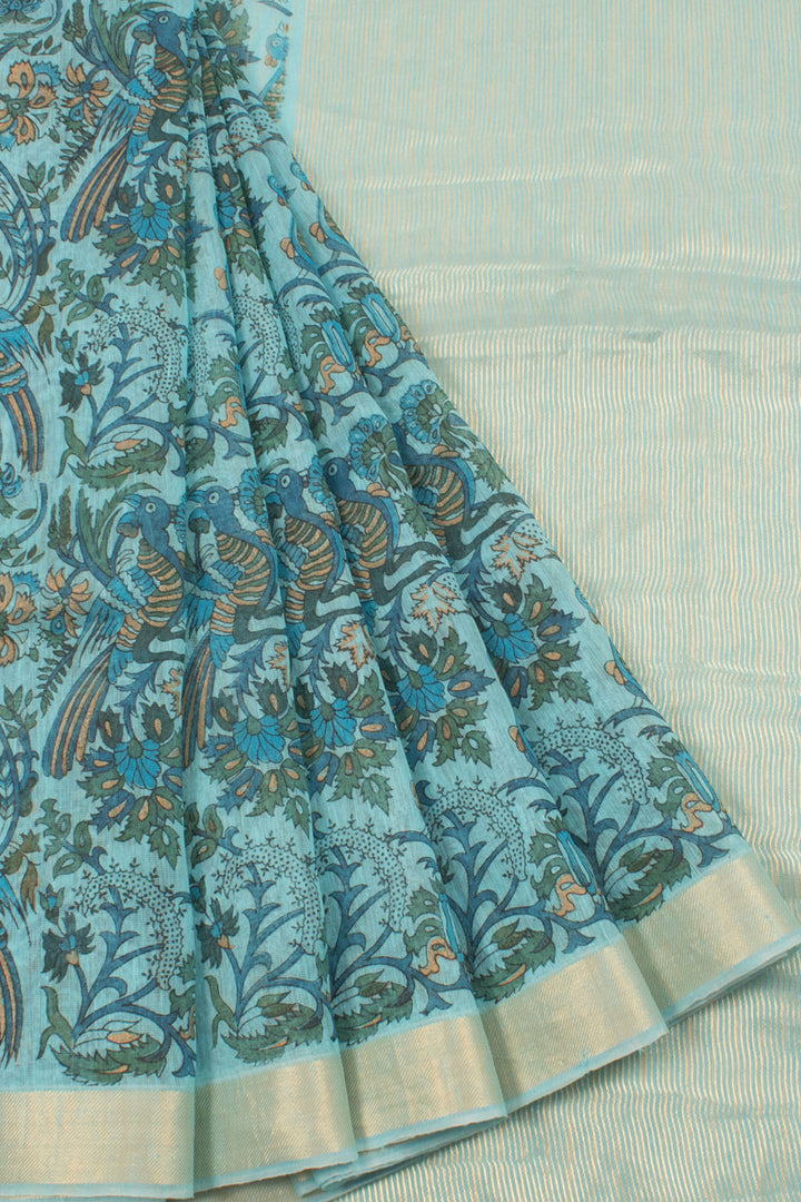 Printed Maheshwari Silk Cotton Saree with Peacock, Floral Motifs and Zari Border