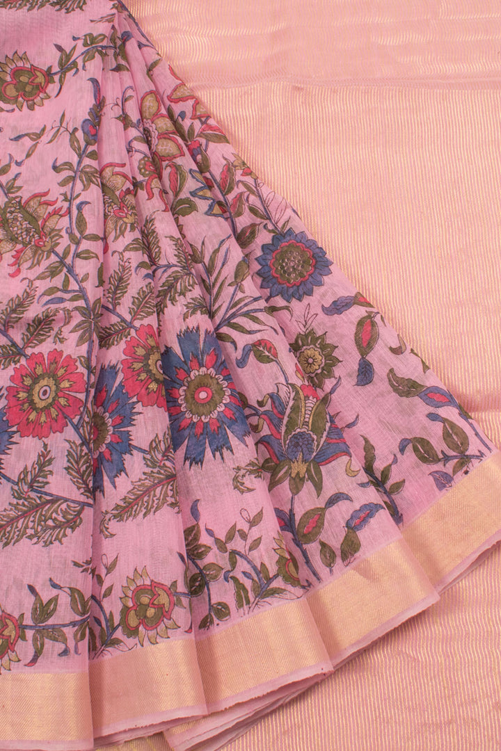 Hand Printed Maheshwari Silk Cotton Saree with Floral Motifs and Zari Border
