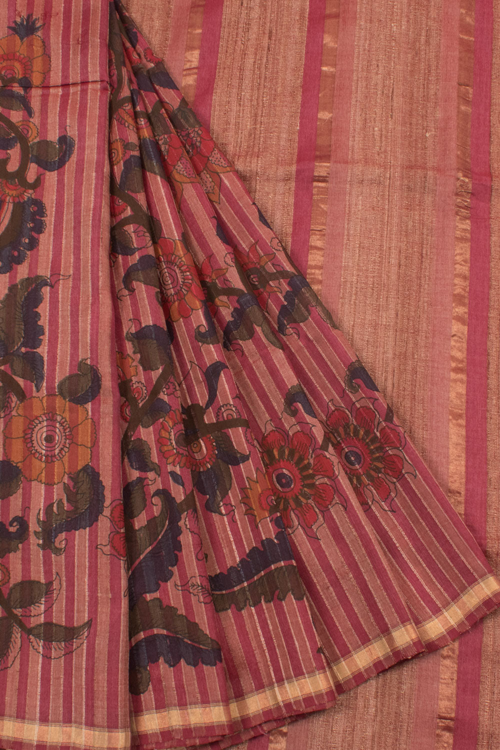 Printed Maheshwari Tussar Silk Saree with Stripes and Geecha Pallu