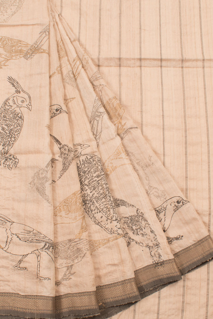Hand Block Printed Maheshwari Tussar Silk Saree with Bird Motifs