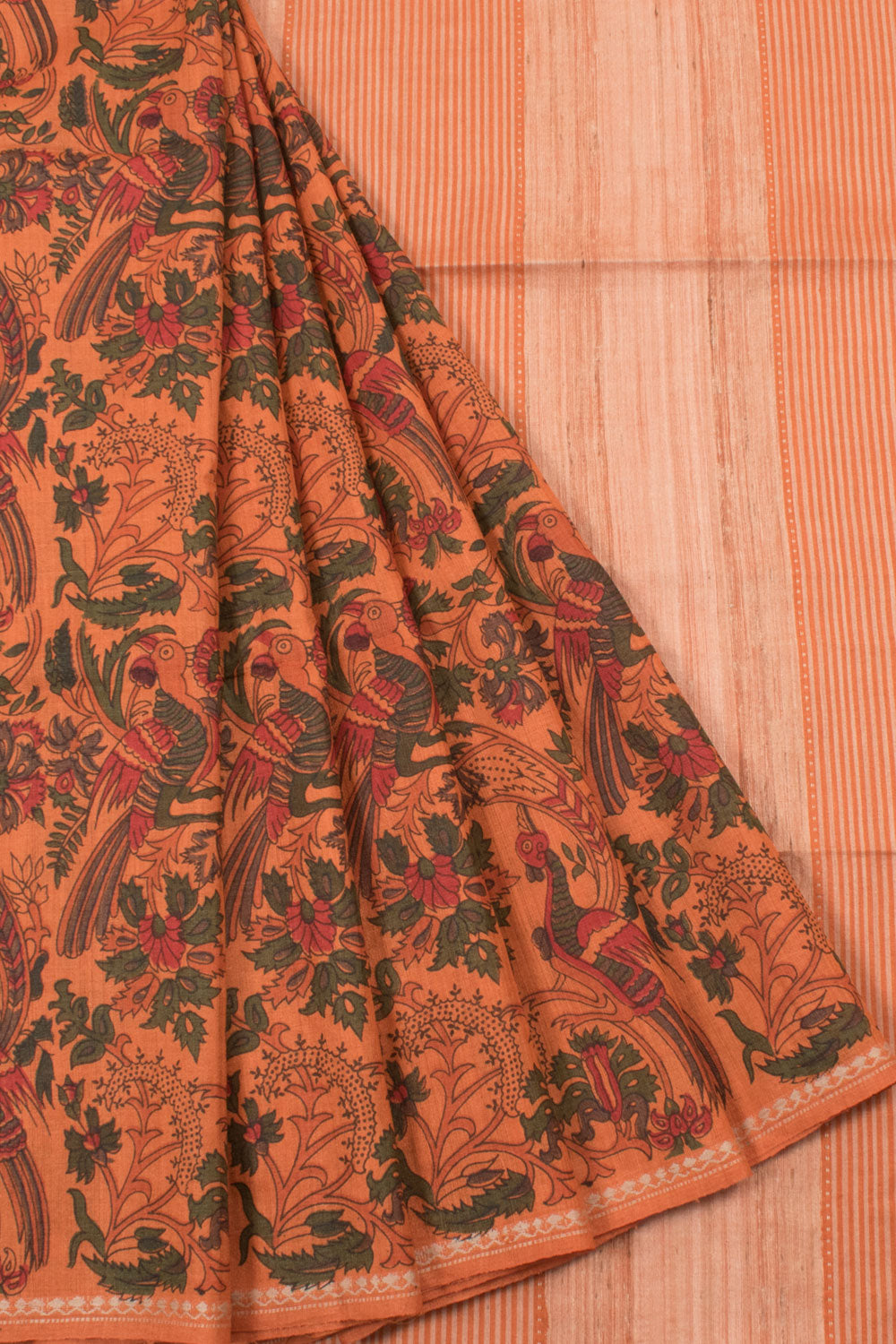 Printed Maheshwari Tussar Cotton Saree with Floral and Bird Motifs