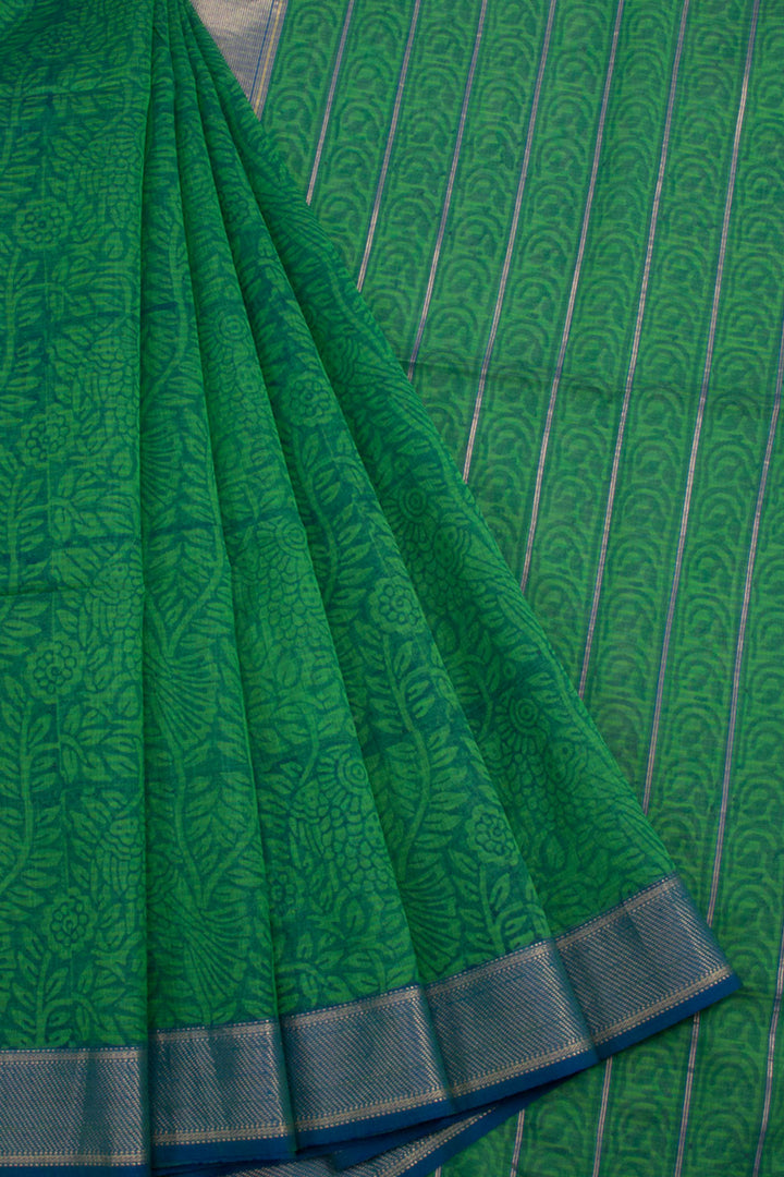 Green Hand Block Printed Maheshwari Silk Cotton Saree 10060999