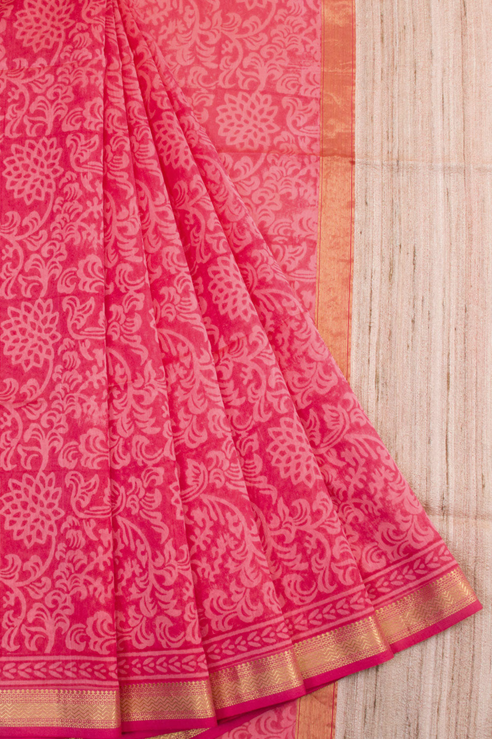 Pink Hand Block Printed Maheshwari Silk Cotton Saree 10061001