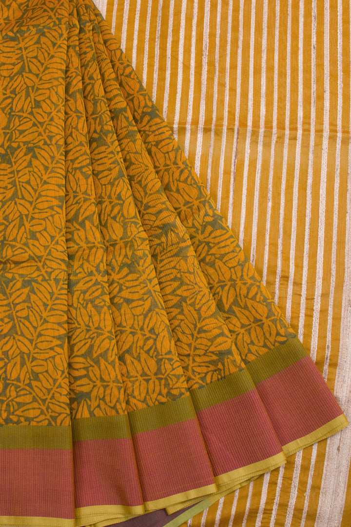 Mustard Yellow Hand Block Printed Maheshwari Silk Cotton Saree 10061011