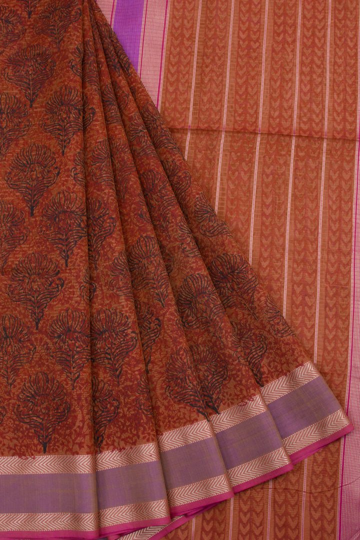 Cocoa Brown Hand Block Printed Maheshwari Silk Cotton Saree 10061017